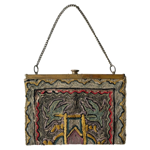 Sac à main ancien des années 1920 brodé avec charnière à fermoir à vis brodé