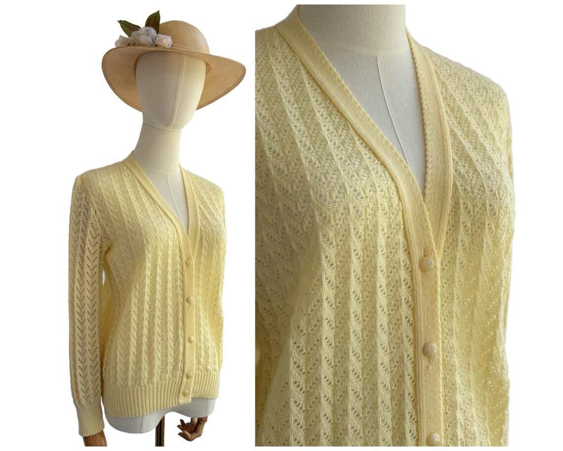Vintage Pastel Yellow Acrylic Pointelle Cardigan Size Medium, photo 2 of 5