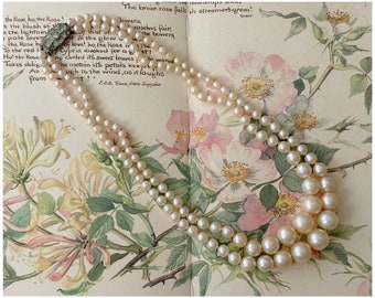 Collier vintage à 2 rangs de fausses perles avec fermoir boîte en pâte de diamant