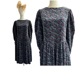 Vintage Laura Ashley Floral Velvet Winter Dress Purple Grey and Blue Flower Print on Black Background | Made in Ireland | UK Size 10-12