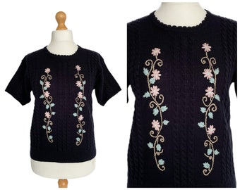 Vintage Berketex Black Short Sleeve Sweater Jumper with Pink and Green Floral Embroidered Details | UK Size 14-16