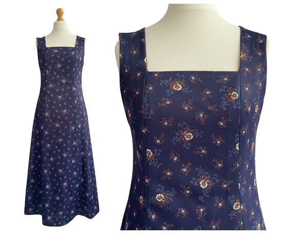 Vintage 1970s Navy Blue Floral Pinafore Maxi Dress UK… - Gem