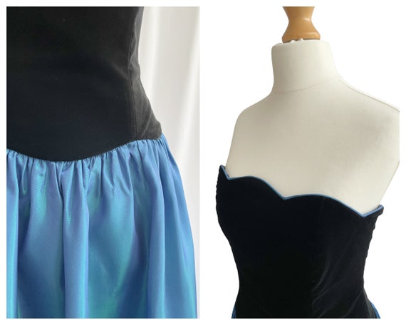 Vintage Laura Ashley Strapless Black and Blue Vel… - image 3