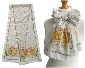 Vintage Long Scarf Cream with Orange and Yellow Wildflower and Clover Print