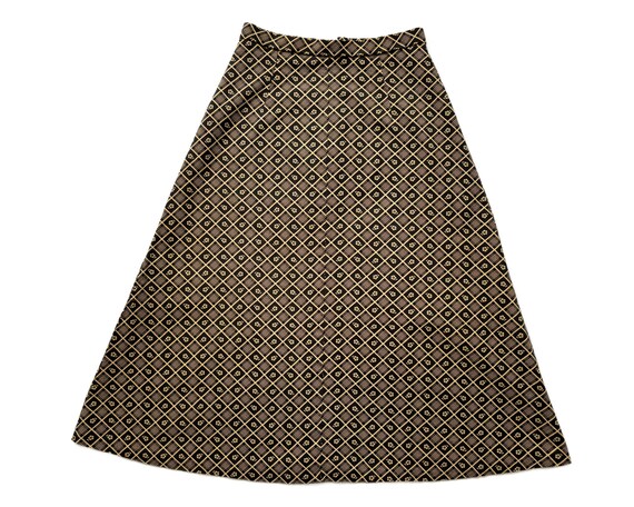 Vintage 1970s Black and Beige Retro Floral Print Cotton Midi Skirt UK Size 8