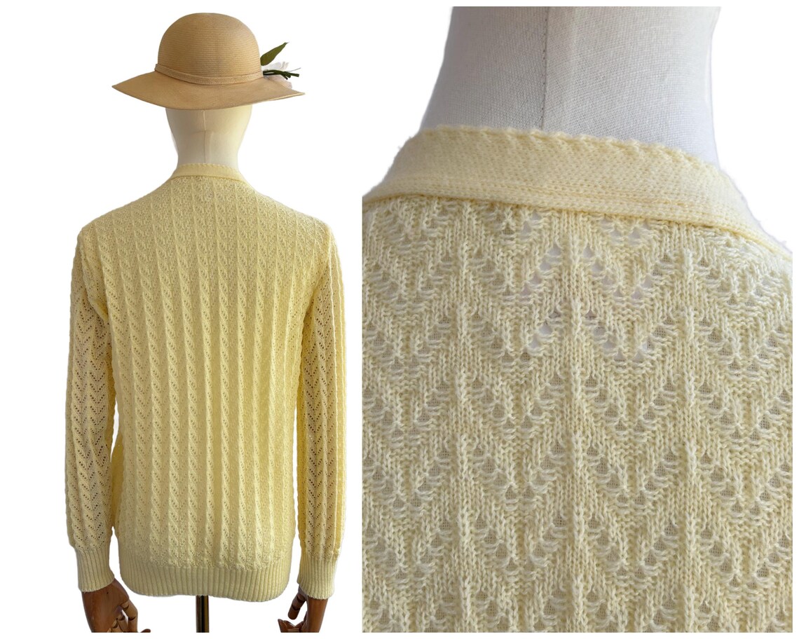Vintage Pastel Yellow Acrylic Pointelle Cardigan Size Medium, photo 4 of 5