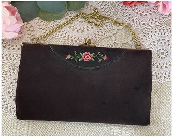 Vintage 1950s Small Black Petit Point Flower Evening Bag with Chain Handle Embroidered