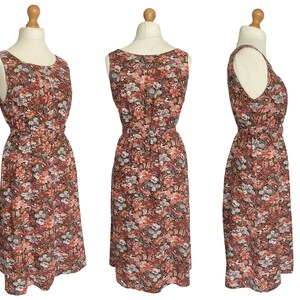 Vintage Floral Cotton Dress with Matching Belt Brown Pink White Uk Size 14 image 2