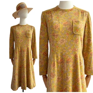 Vintage 1960er Herbst Winter Wollmischung Kleid mit aufgesetzten Taschen Grün Gelb Orange Retro Blumen Print | UK Größe 12-14