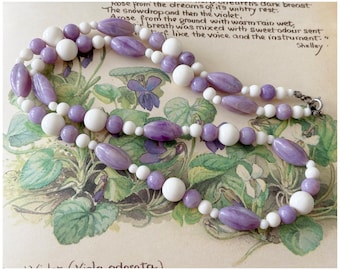 Vintage White and Purple Lucite Plastic Bead Necklace