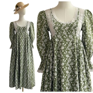 Vintage Laura Ashley Green and White Floral Maxi Prairie Dress with Crochet Lace Trim Early 1970s Made in Wales UK Size 8 (Laura Ashley 12)