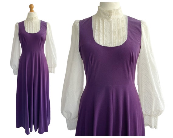Vintage 1970s Purple and Cream Fleece and Lace Trim Prairie Maxi Dress With Long Sleeves and Bib Front UK Size 12 Etsy Canada