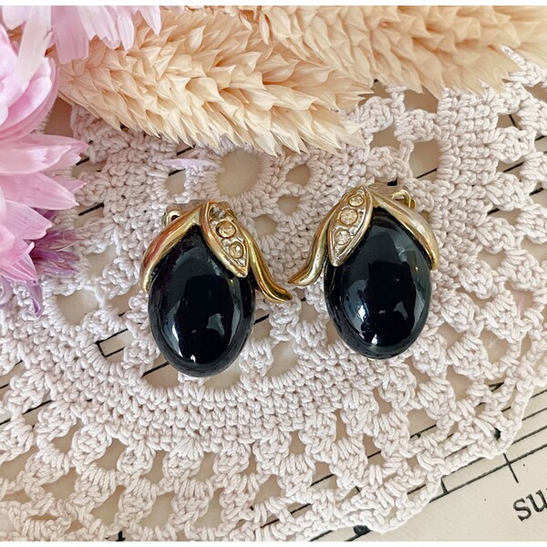 Vintage Black and Gold Toned Clip On Earrings Abstract Leaf and Fruit Shape