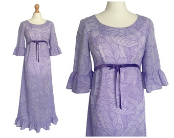 Vintage 60s / 70s Lilac Floral Cotton Maxi Dress Prairie Dress | UK Size 10