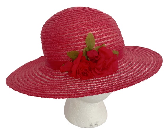 Vintage Red Plastic Raffia Straw Summer Hat With Rose Detail  display picture 1