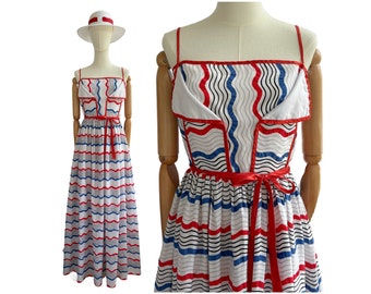 Vintage 1970s algodón rojo, blanco y azul vestido maxi con falda completa / Reino Unido tamaño 12