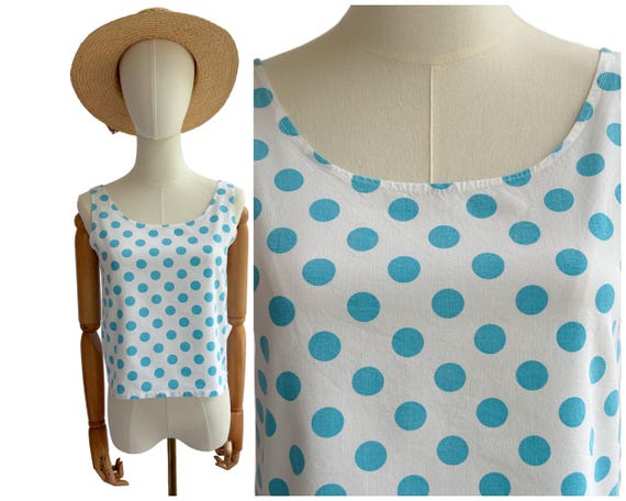 Vintage White and Turquoise Polka Dot Cotton Cami Vest Tank Top UK Size 8 10 Etsy UK