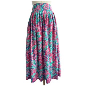 Vintage Laura Ashley Blue Pink and Green Abstract Floral Cotton Midi Skirt | UK Size 12 (Laura Ashley 14)