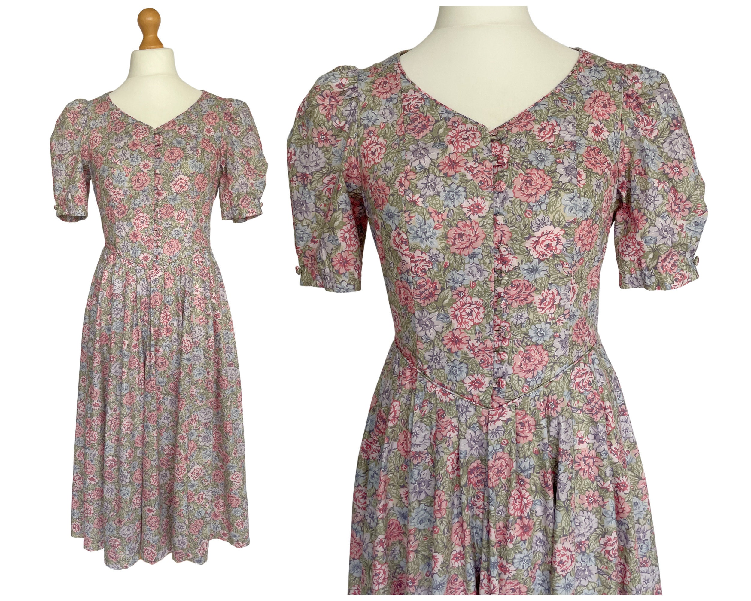 Vintage Laura Ashley Floral Cotton Dress Pink Blue Green UK Size