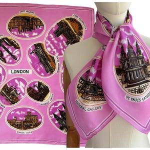 Vintage Pink Acetate London Souvenir Scarf Featuring Landmarks and Scenes from London