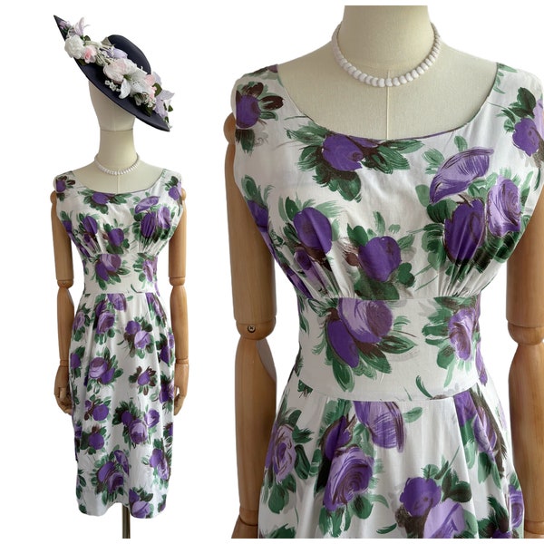 Vintage 1950s Cotton Rose Print Floral Dress | Uk Size 8