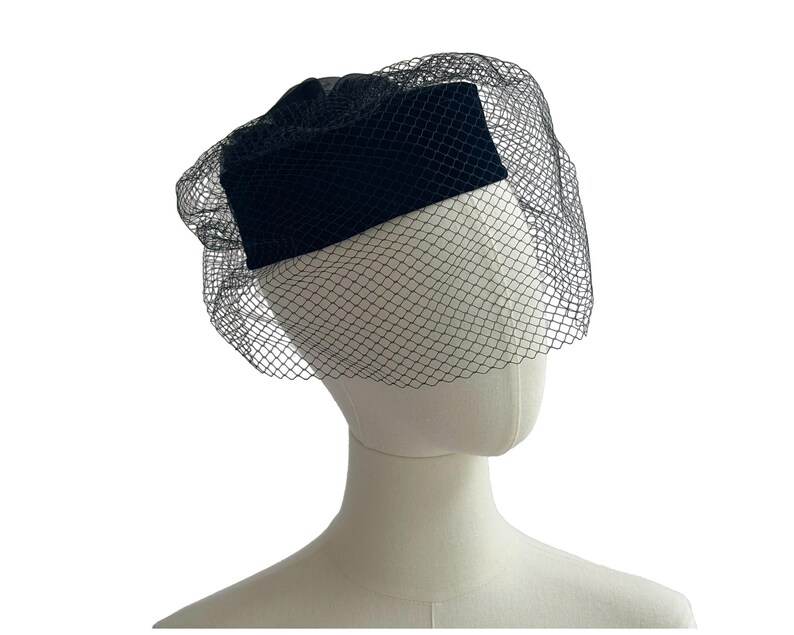 Vintage Black Velvet Bill Box Hat With Veil and Organza Rose Flower