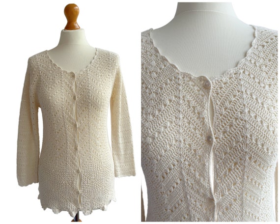 Vintage Laura Ashley Cream Crochet Cardigan 1990s… - image 1