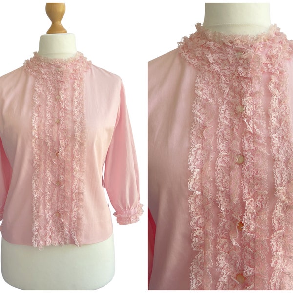 Blouse vintage des années 1950 en dentelle de coton à volants par La Rose Sportwear | Taille britannique 14-16