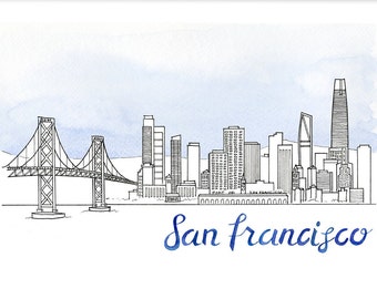 San Francisco Skyline Print, Bay Bridge, Wall Art, Wall Decor, Travel Art, Illustration, San Fransico Skyline, Watercolor, San Francisco Art