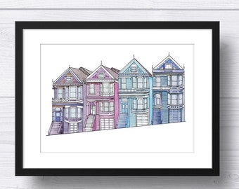 Painted Ladies San Francisco Wall Art, Travel Art, Wall Decor, Illustration, Watercolor Painting, Alamo Square, Full House, San Francisco