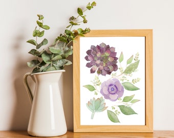 Purple Succulents Watercolor Print / Wall Decor / Purple Flowers / Gifts for Her / Bridal Shower / Wedding Gift