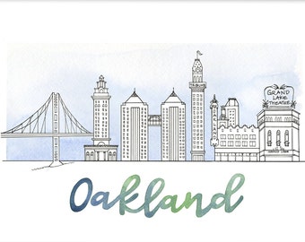 Oakland Skyline, Bay Bridge, Wall Art, Wall Decor, Travel Art, Illustration, Sketch, Watercolor, Oakland Art, Skyline Art, Modern Decor