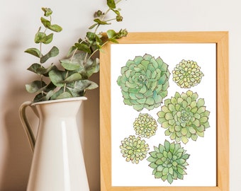 Spring Succulents Watercolor Print / Wall Art / Wall Decor / Succulent Art / Aeoniums / Plant