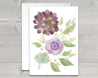 Purple Succulents Watercolor Greeting Card / Bridal Shower Card / Wedding Card / Illustration / Purple Flower / Mother's Day Card / Anemone