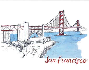 San Francisco Golden Gate Bridge Print / Wall Art / Wall Decor / Travel Art / Illustration / Sketch / Watercolor / San Francisco Art