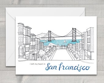 San Francisco Bay Bridge Greeting Card / Travel Art / Thinking of You / I Left My Heart in San Francisco / Watercolor / Illustration