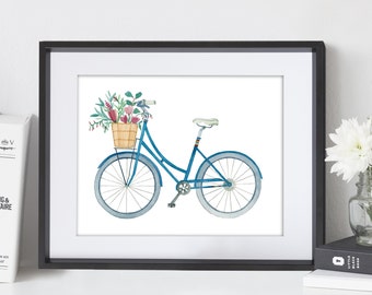 Blue Bike Wall Art / Bicycle / Wall Decor / Gifts For Her / Bike Lover / Watercolor Painting / Watercolor Print