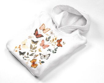 Vintage Butterfly Floral Hoodie, Botanical Nature Pullover, Cottagecore Boho Sweatshirt