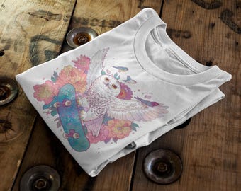 Floral Owl Kickflip Skateboard T-Shirt | Nature Skate Tee