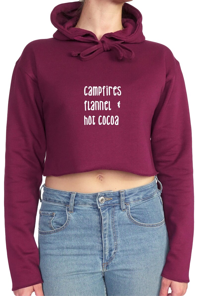 Printed Crop Hoodie Top Campfires flannel /& Hot cocoa | Graphic Print