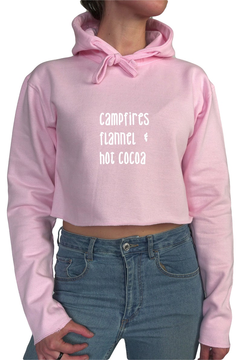 Printed Crop Hoodie Top Campfires flannel /& Hot cocoa | Graphic Print