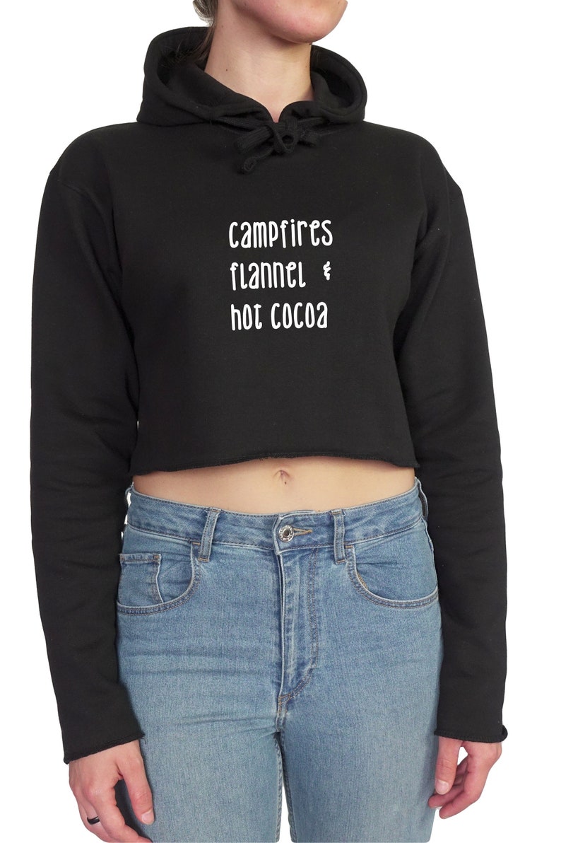 Printed Crop Hoodie Top Campfires flannel /& Hot cocoa | Graphic Print