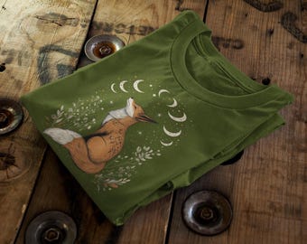 Fox & Moon Phases T-Shirt | Celestial Cottagecore Graphic Tee