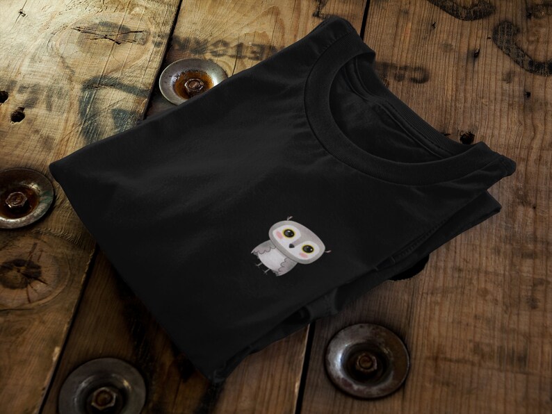 Cute Owl Unisex Tshirt Top Pocket Side Print Adults & Kids Sizes Black