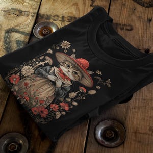 Cottagecore Cat T-Shirt | Whimsical Mushroom Hat Cat Graphic Tee | Perfect Gift for Cat & Nature Lovers | Adult and Kids Sizes