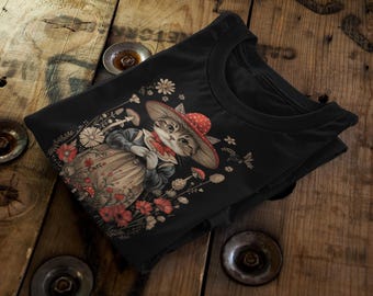 Cottagecore Cat T-Shirt | Mushroom Hat, Floral Graphic Tee