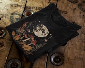 Boho Lunar Moon Mushrooms T-Shirt | Whimsical Celestial Cottagecore Tee | Nature-Inspired Aesthetic Top | Unique Gift for Moon Lovers