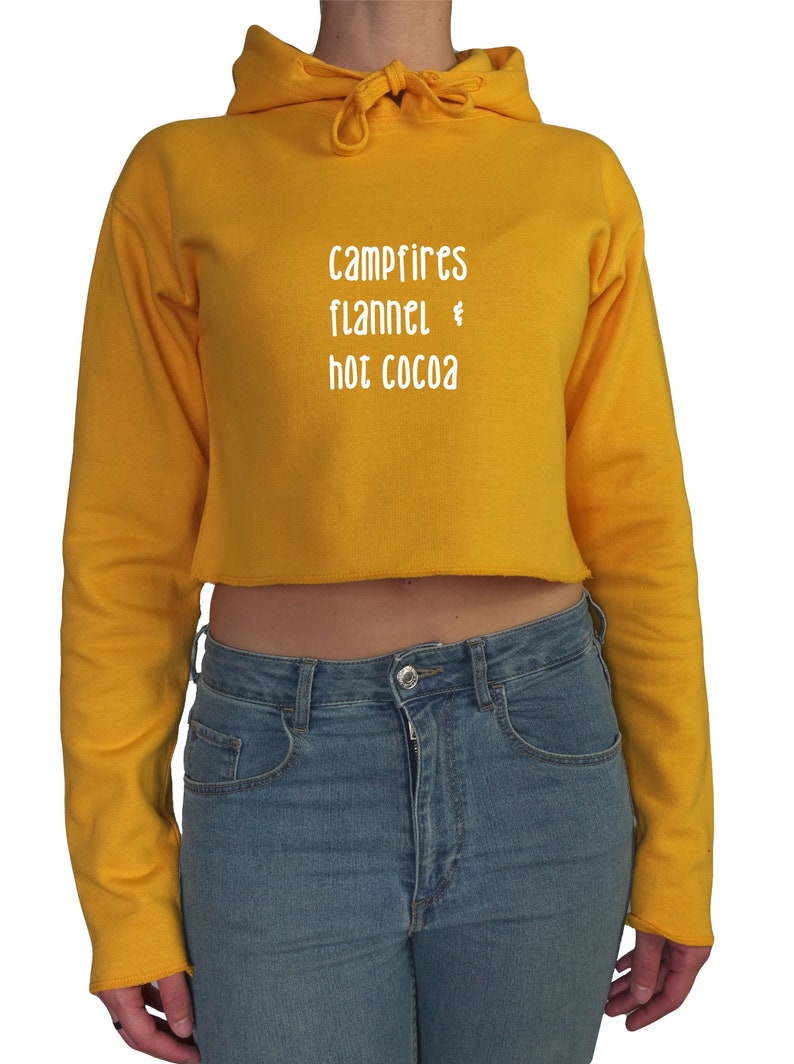 Printed Crop Hoodie Top Campfires flannel /& Hot cocoa | Graphic Print