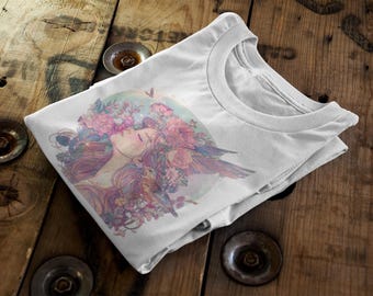 Floral Angel Birds T-Shirt | Iridescent Cottagecore Graphic Tee