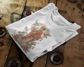 Flowers and Birds Statue T-Shirt | Vintage Garden Graphic Tee